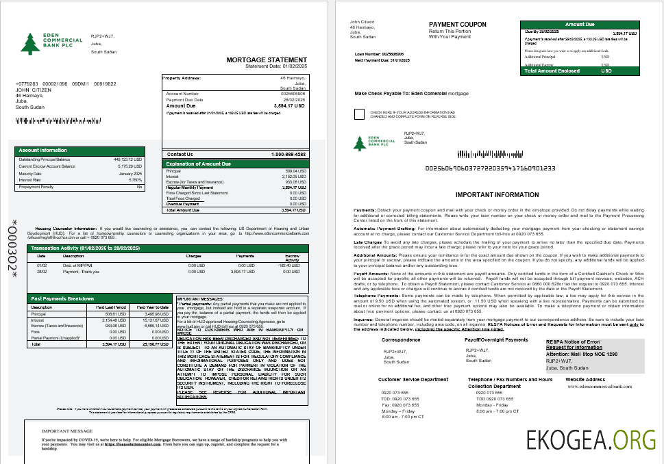 Soudan du Sud Eden Relevé hypothécaire de la banque commerciale aux formats Word et PDF 1 , 2